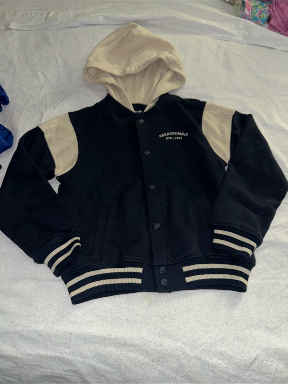 Abercrombie & Fitch Kids Navy Blue and Cream Hooded Varsity Jacket